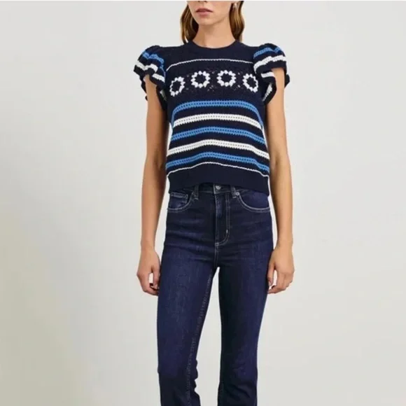NWT Rails Penelope Crochet Top Sweater Blue Navy  
Striped Size S Flutter Sleeve - Picture 4 of 13